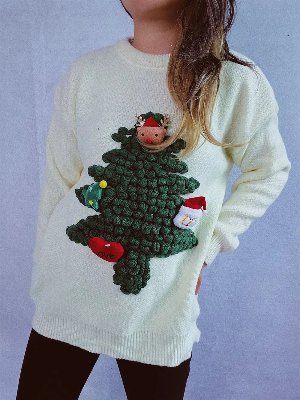 Elegant Christmas Tree Round Neck Long Sleeve Sweater - adritiX
