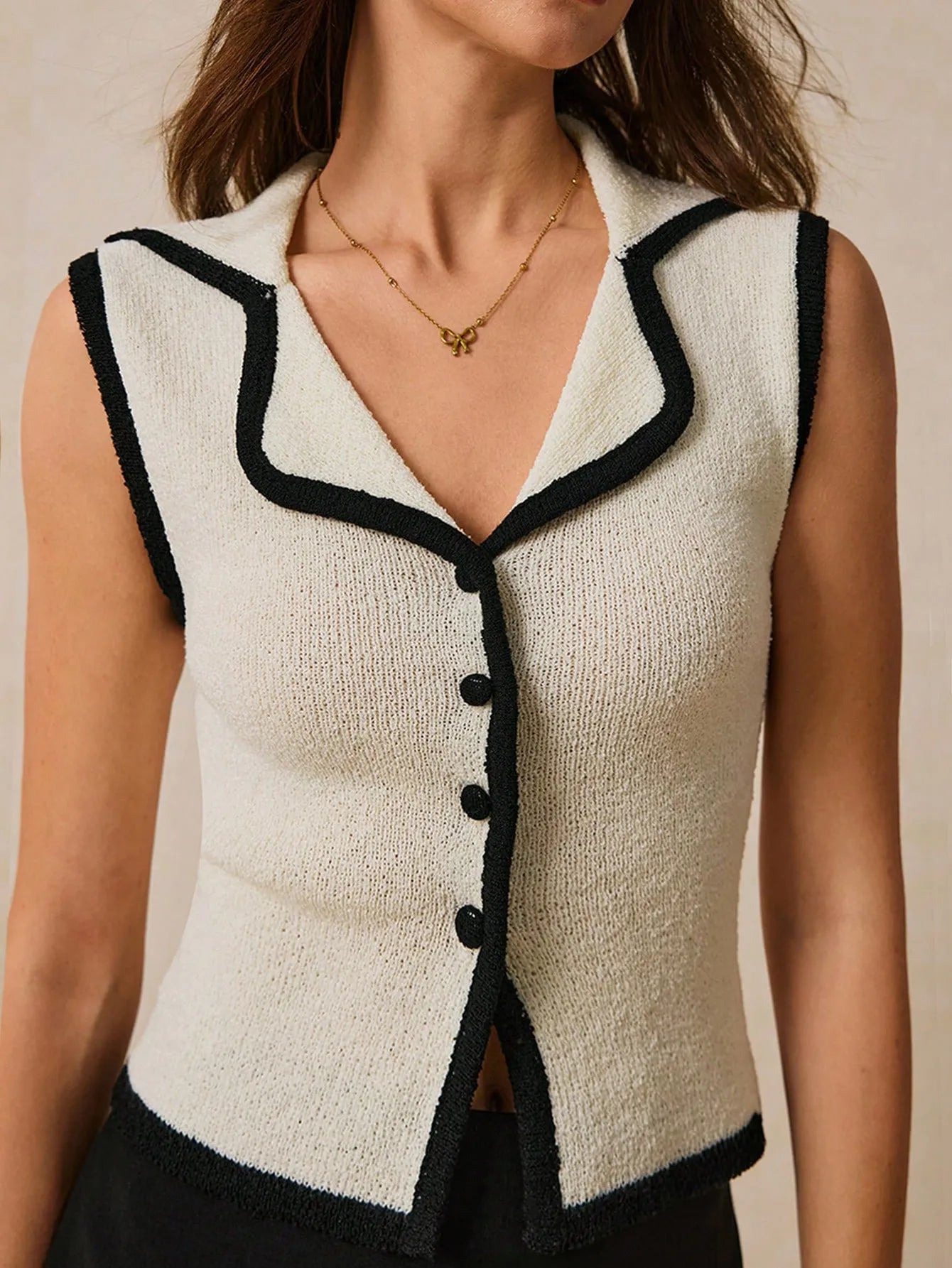 Contrast Trim Button Front Sweater Vest - adritiX