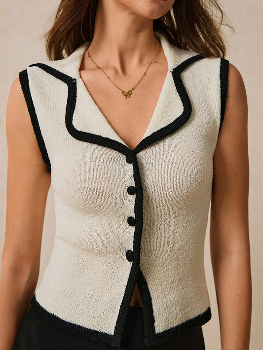 Contrast Trim Button Front Sweater Vest - adritiX