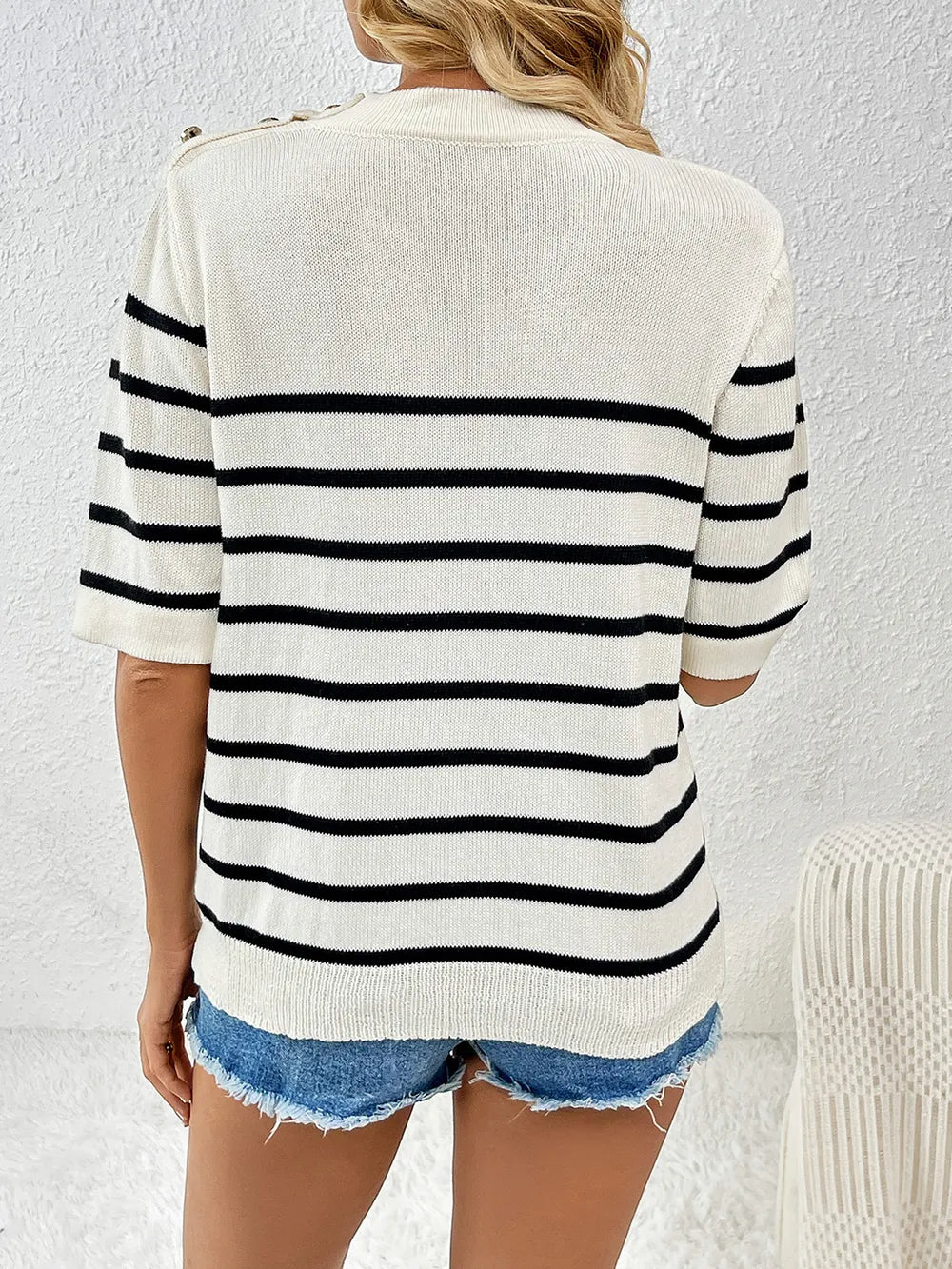 Striped Round Neck Half Sleeve Knit Top - adritiX