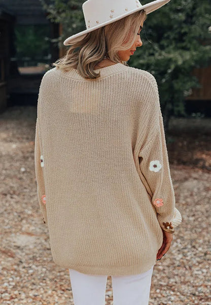 HELLO Flower Round Neck Long Sleeve Sweater - adritiX