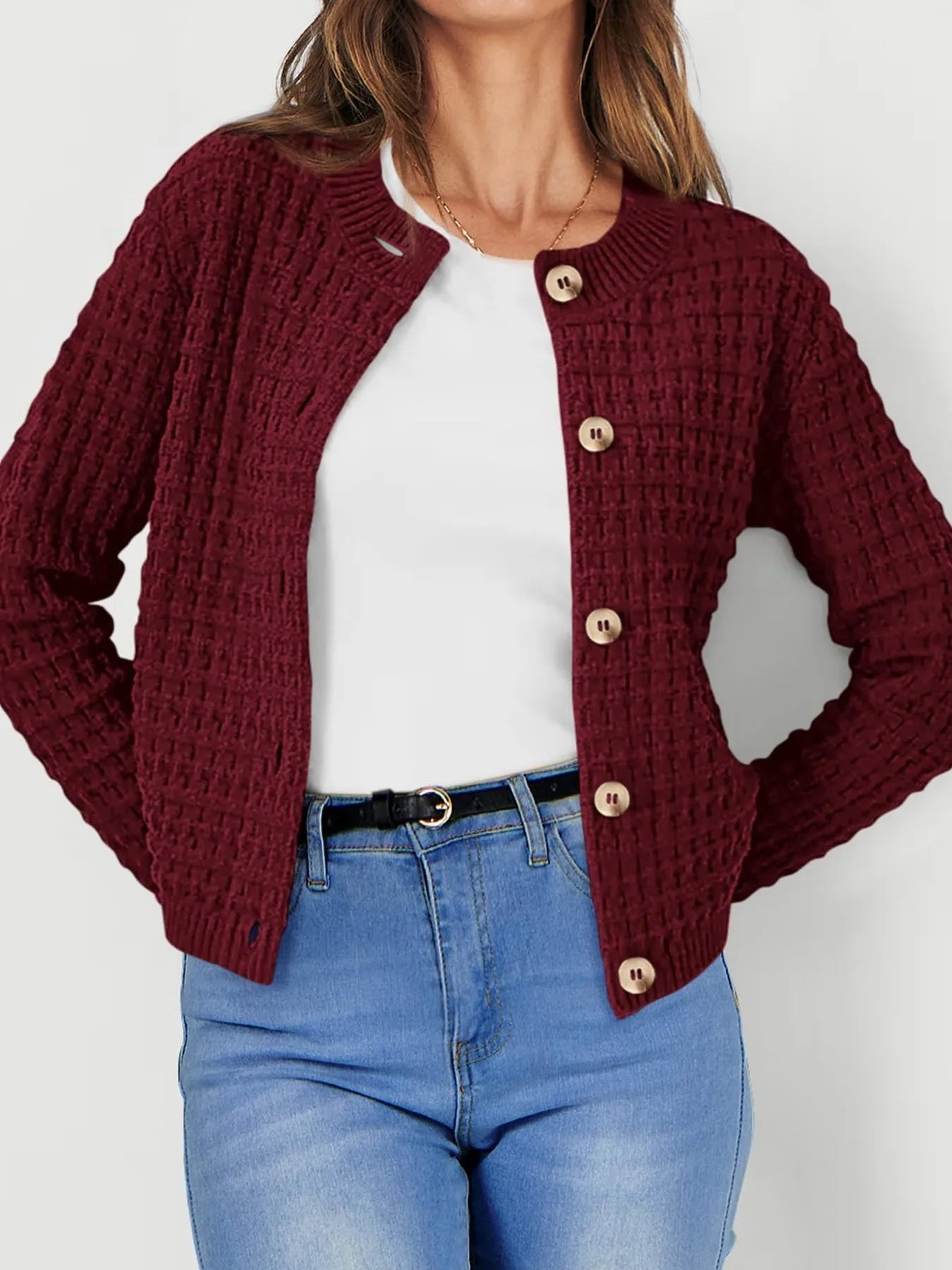 Elegant Textured Knit Button-Front Cardigan - adritiX