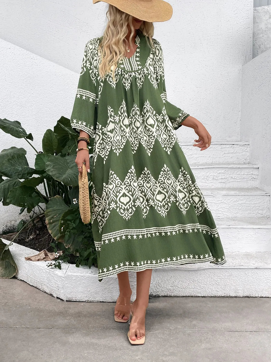 Printed Notched Midi Dress with Pockets - adritiX
