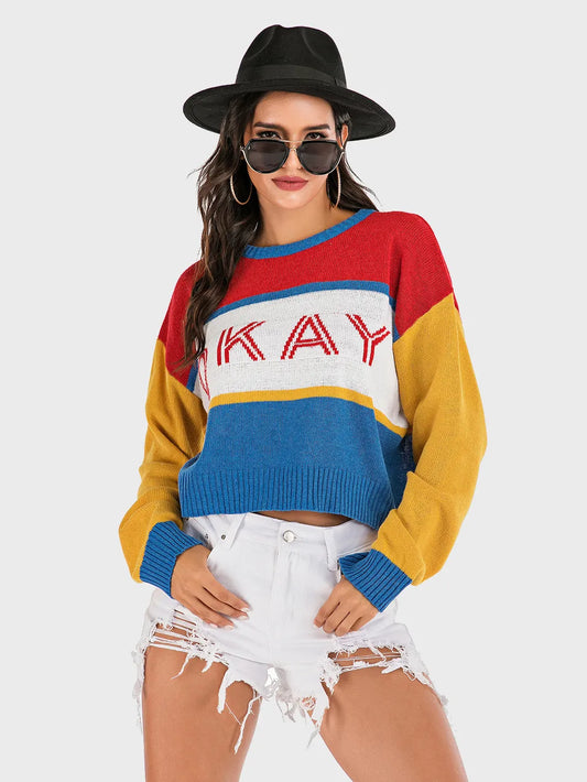 Perfee OKAY Contrast Dropped Shoulder Long Sleeve Sweater - adritiX