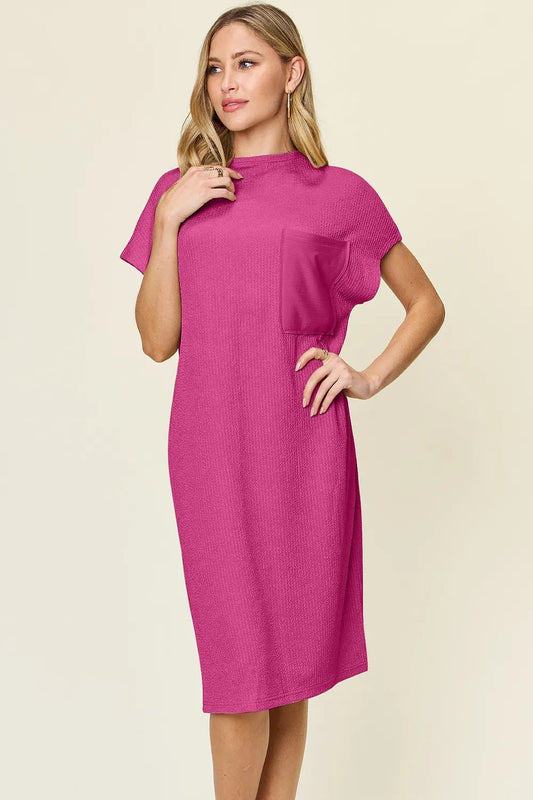 Double Take Full Size Texture Mock Neck Short Sleeve Dress - adritiX