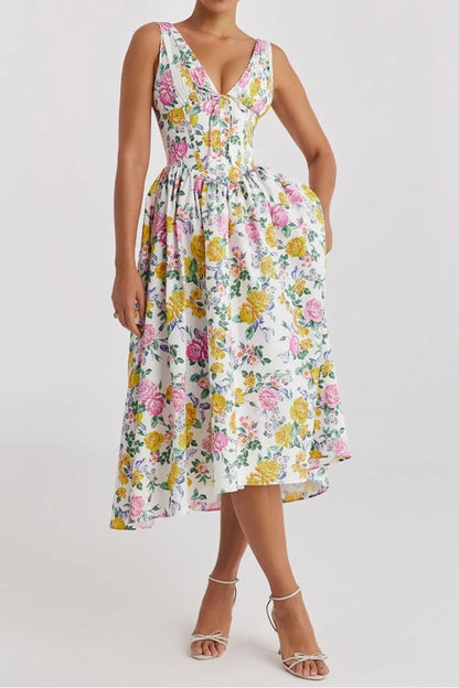 Floral V-Neck Sleeveless Midi Dress with Pockets - adritiX