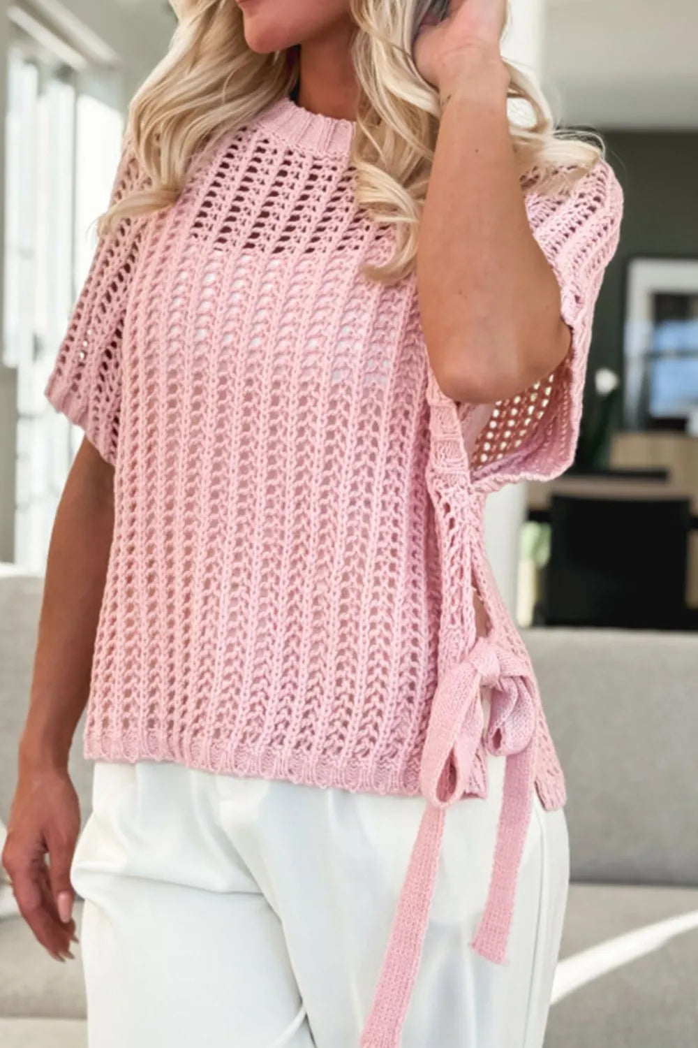 Hollow-out Crochet Side Tied Short Sleeve Knit Cover Up - adritiX
