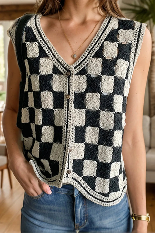 Crochet Checkered V-Neck Button Up Vest - adritiX