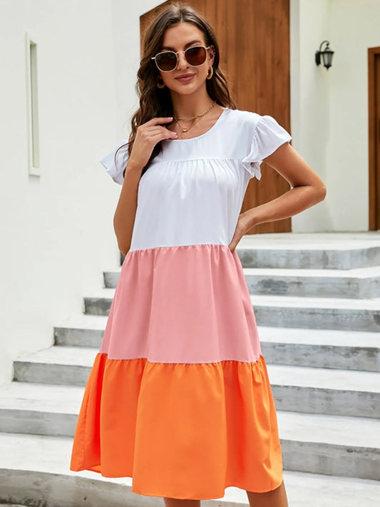 Plus Size Color Block Tiered Ruffle Summer Dress - adritiX