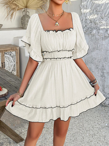 Square Neck Ruffle Trim Mini Dress - adritiX