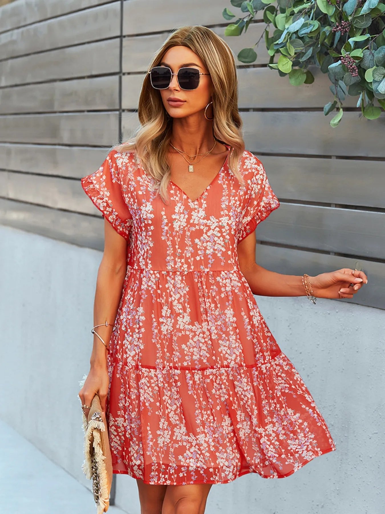 Floral Print V-Neck Ruffle Tiered Summer Mini Dress - adritiX