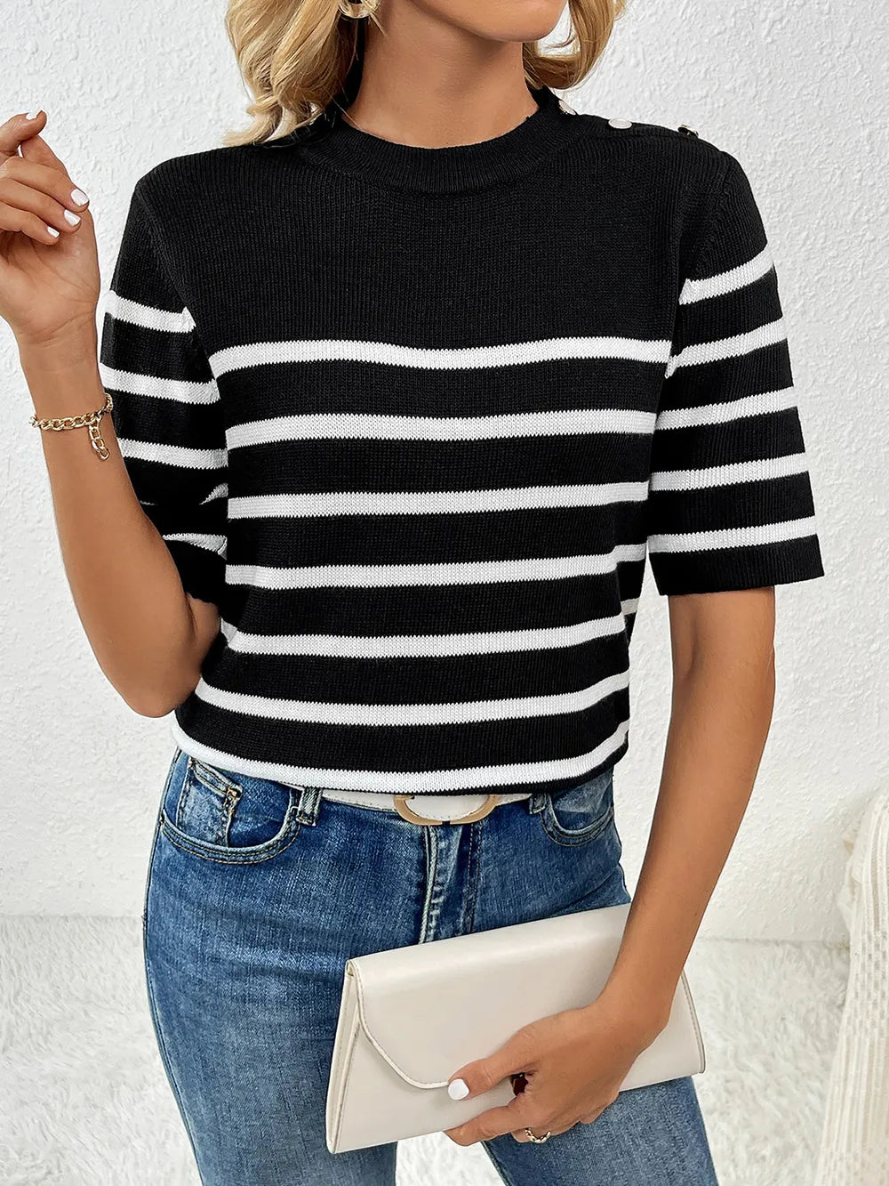 Striped Round Neck Half Sleeve Knit Top - adritiX