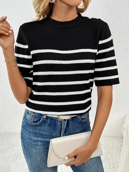 Striped Round Neck Half Sleeve Knit Top - adritiX