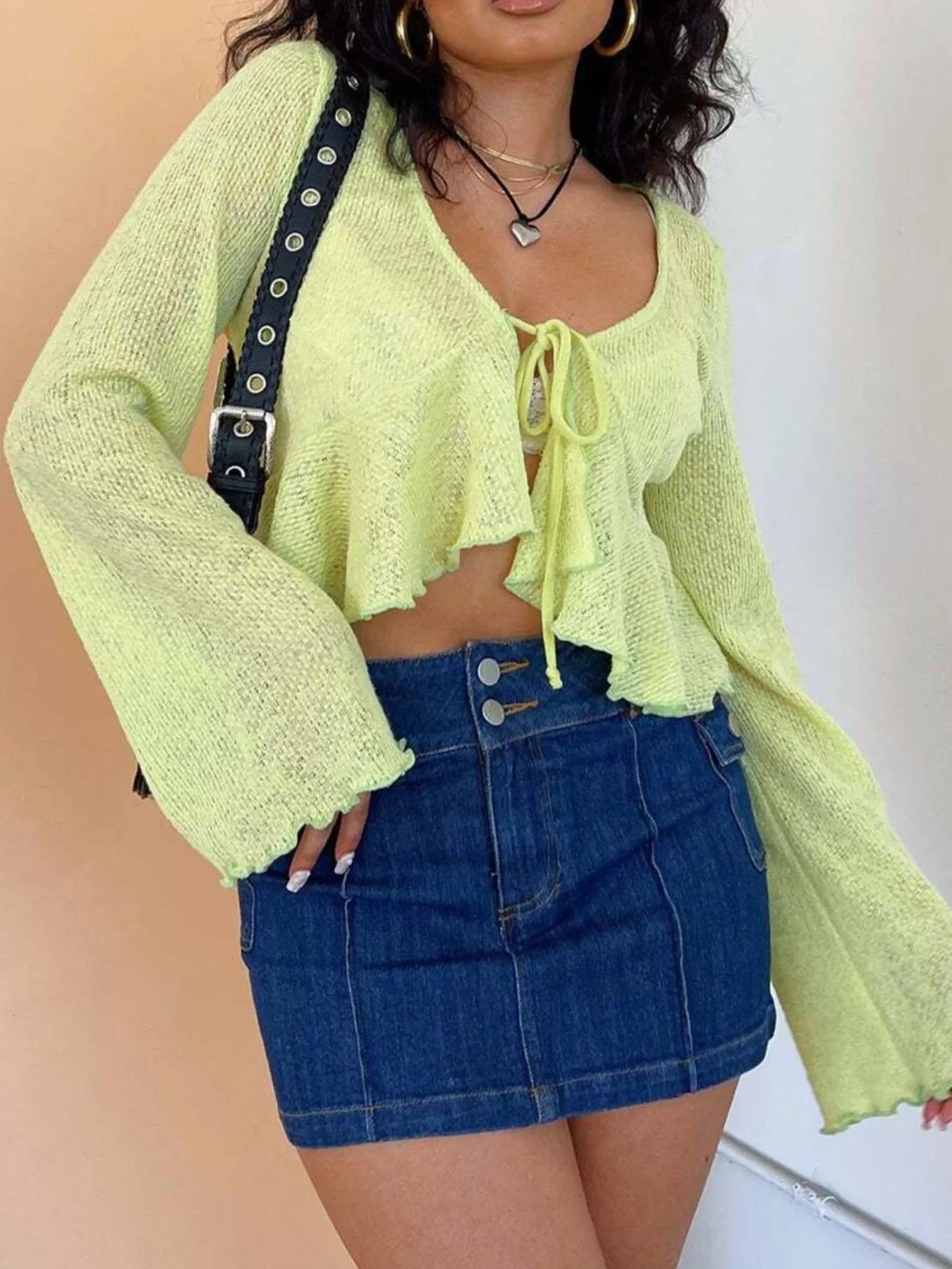 Ruffled Hem Tie-Front Cropped Cardigan - adritiX