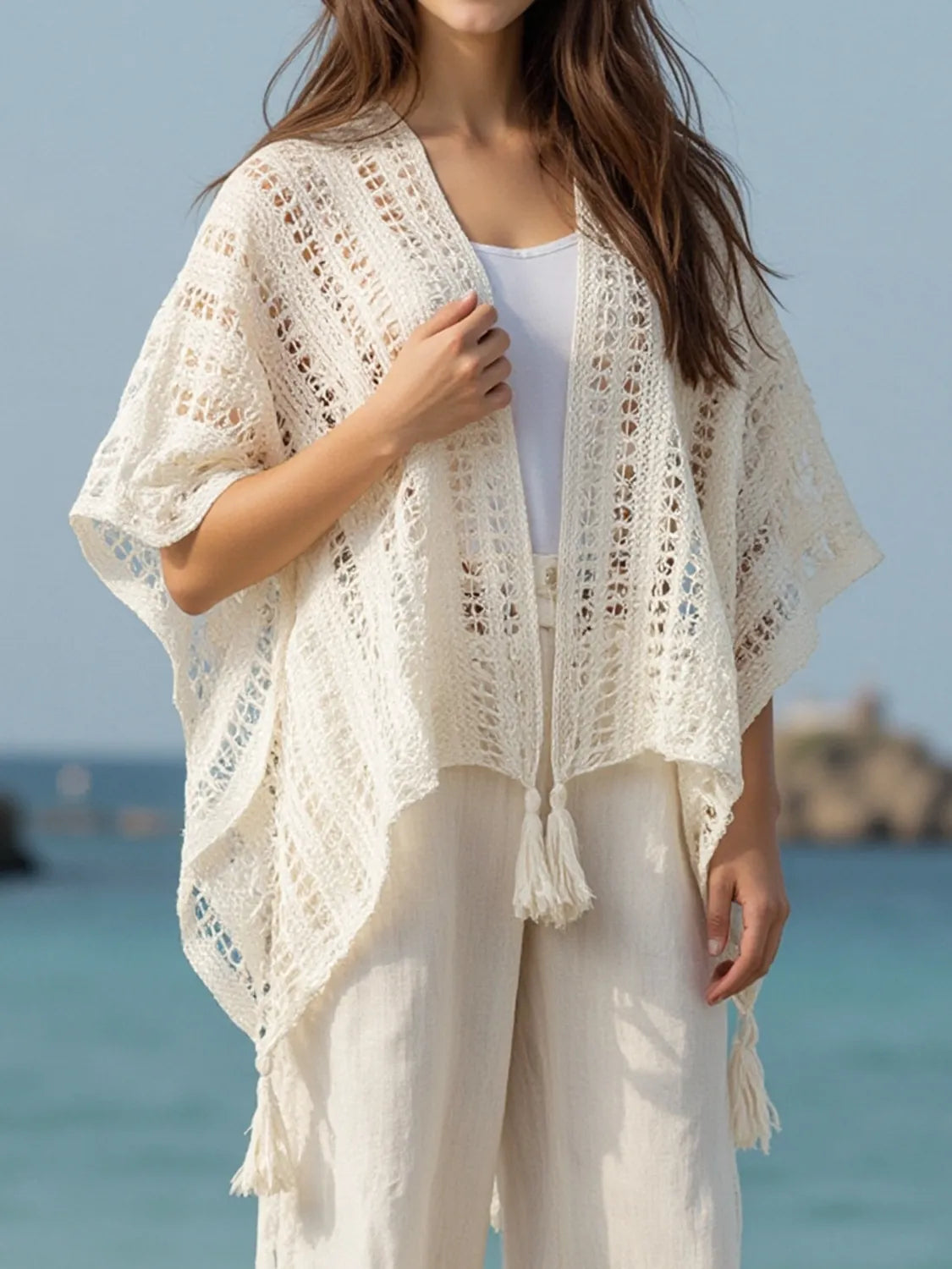 Elegant Openwork Tassel Open Front Knit Cover Up - adritiX