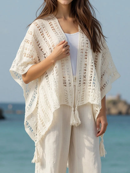 Elegant Openwork Tassel Open Front Knit Cover Up - adritiX