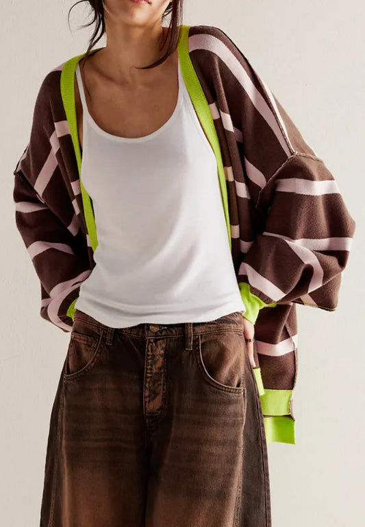 Contrast Stripes Button Down Long Sleeve Cardigan - adritiX