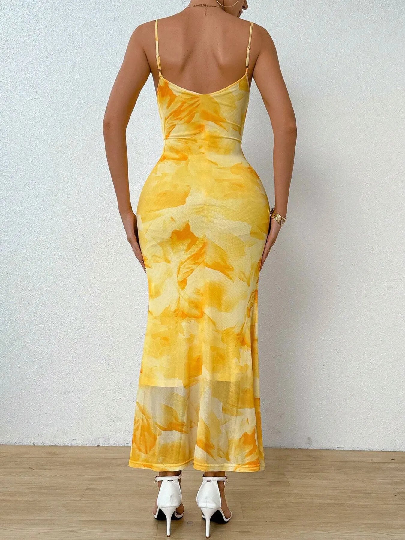 Tie-Dye Ruched Bodycon Mesh Cami Maxi Dress - adritiX