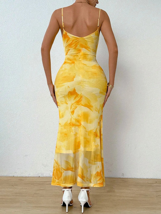 Tie-Dye Ruched Bodycon Mesh Cami Maxi Dress - adritiX