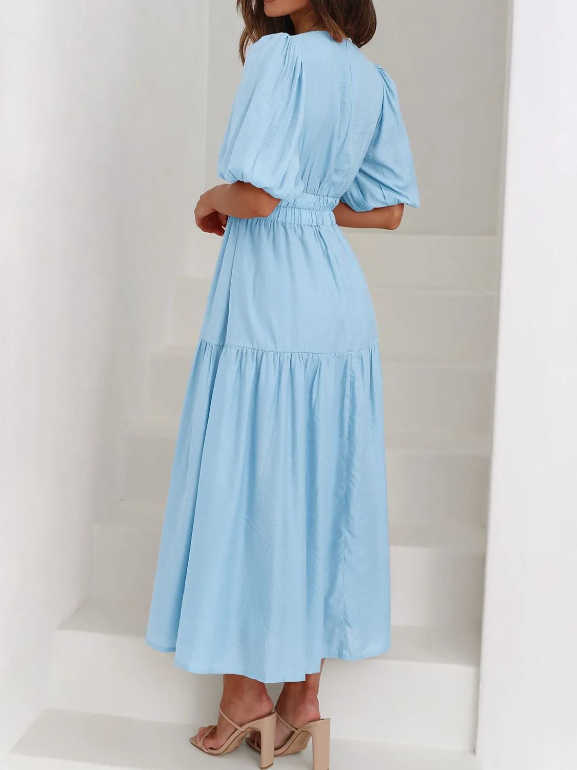 V-Neck Puff Sleeve Midi Dress - adritiX