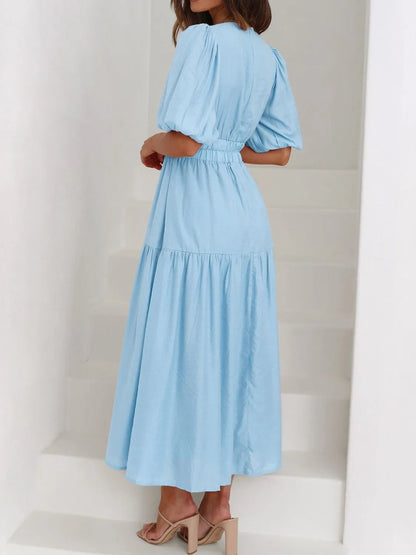 V-Neck Puff Sleeve Midi Dress - adritiX