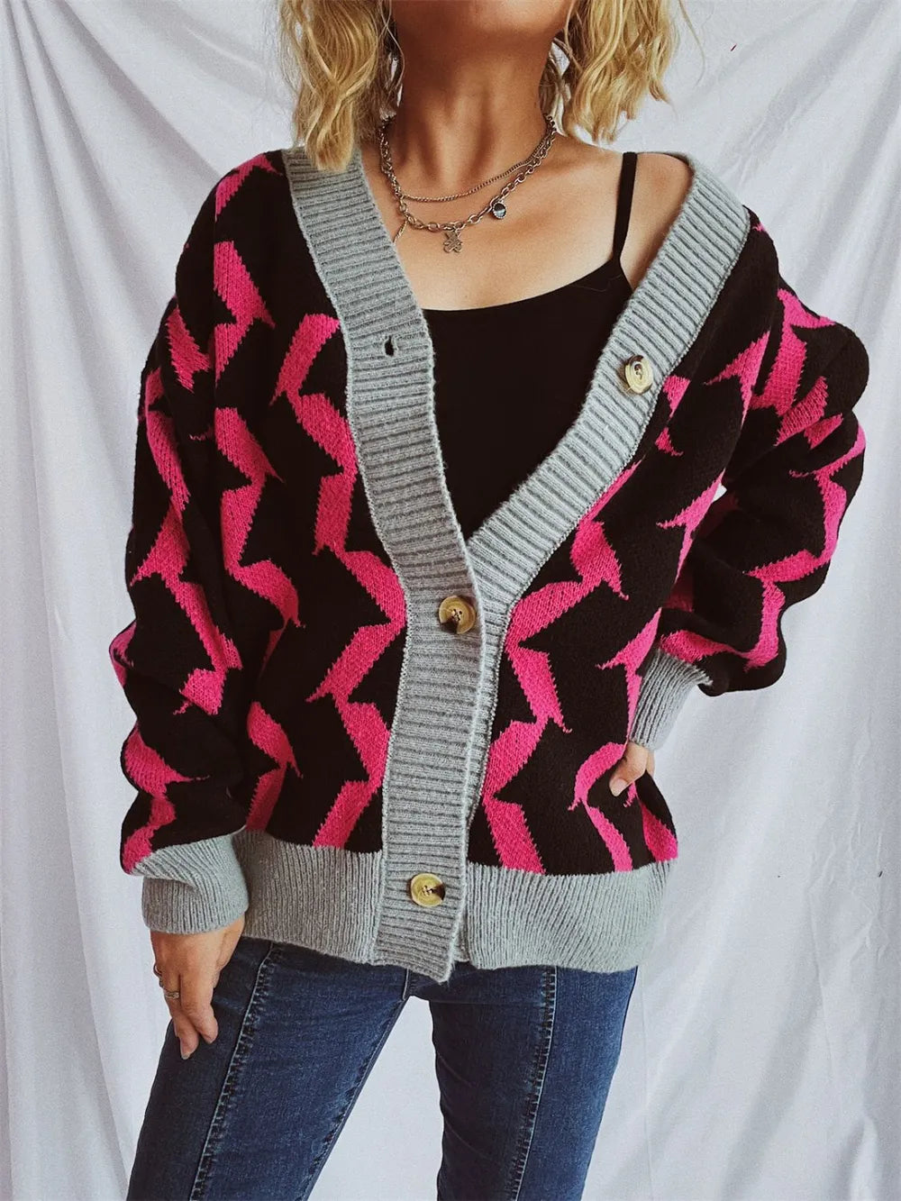Contrast Trim Geometric V-Neck Long Sleeve Cardigan - adritiX