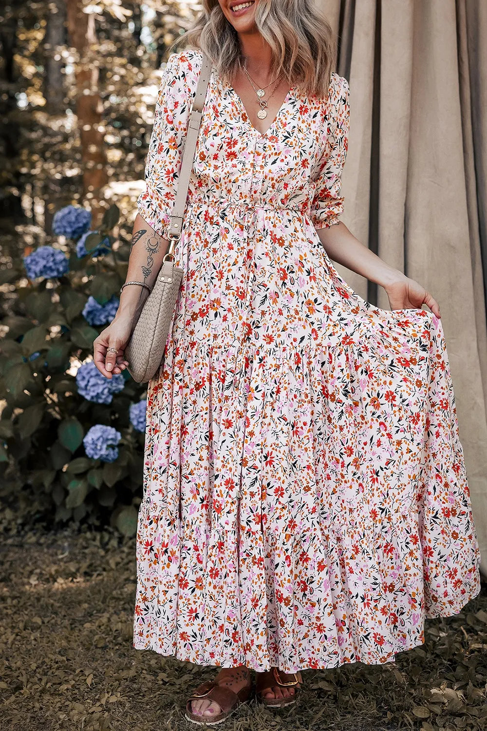 Elegant Boho Half Sleeve Floral V Neck Maxi Dress - adritiX