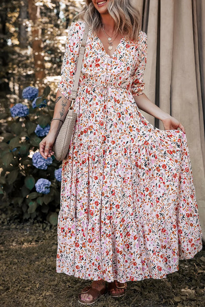 Elegant Boho Half Sleeve Floral V Neck Maxi Dress - adritiX