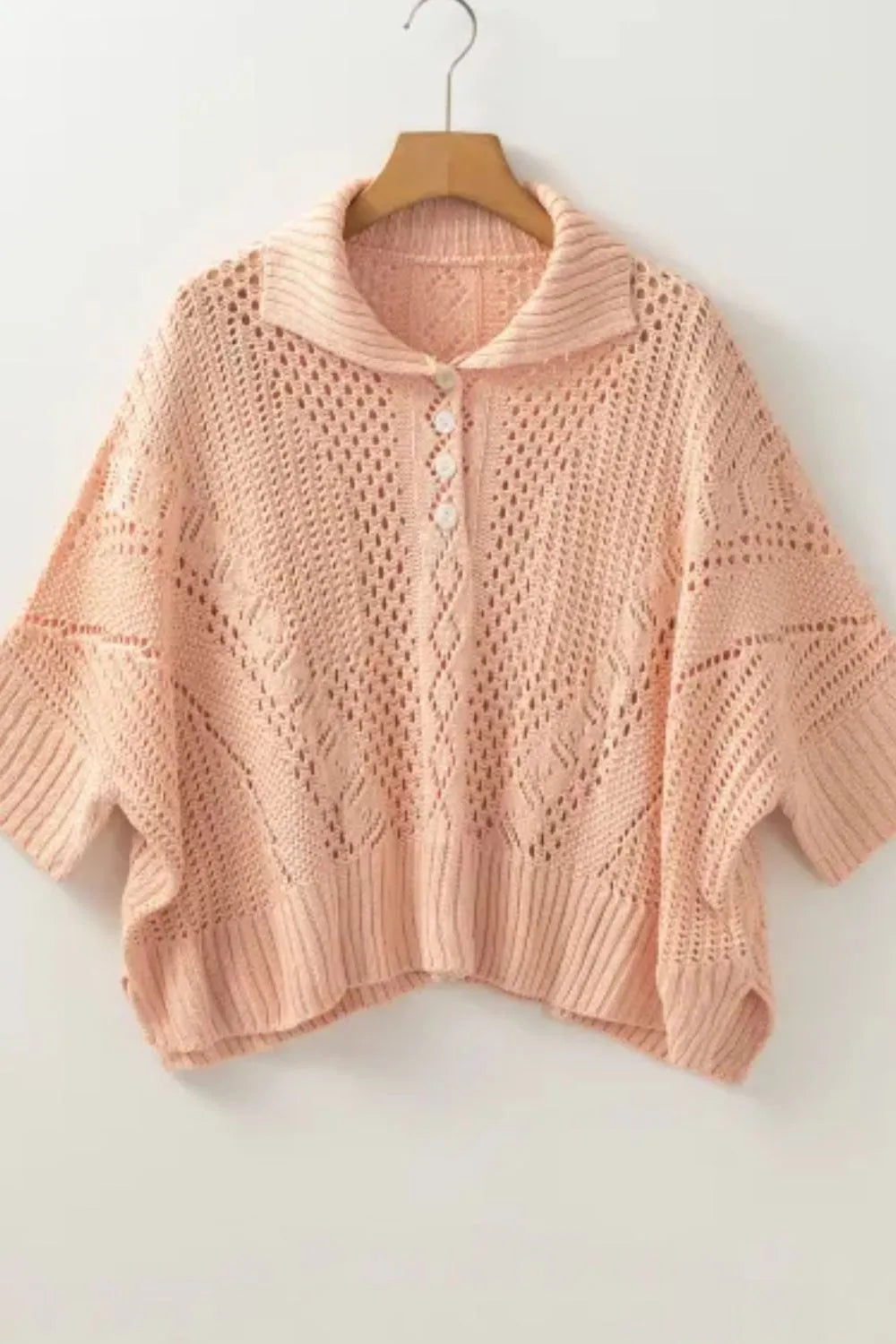 Cutout Collared Neck Three-Quarter Sleeve Sweater - adritiX