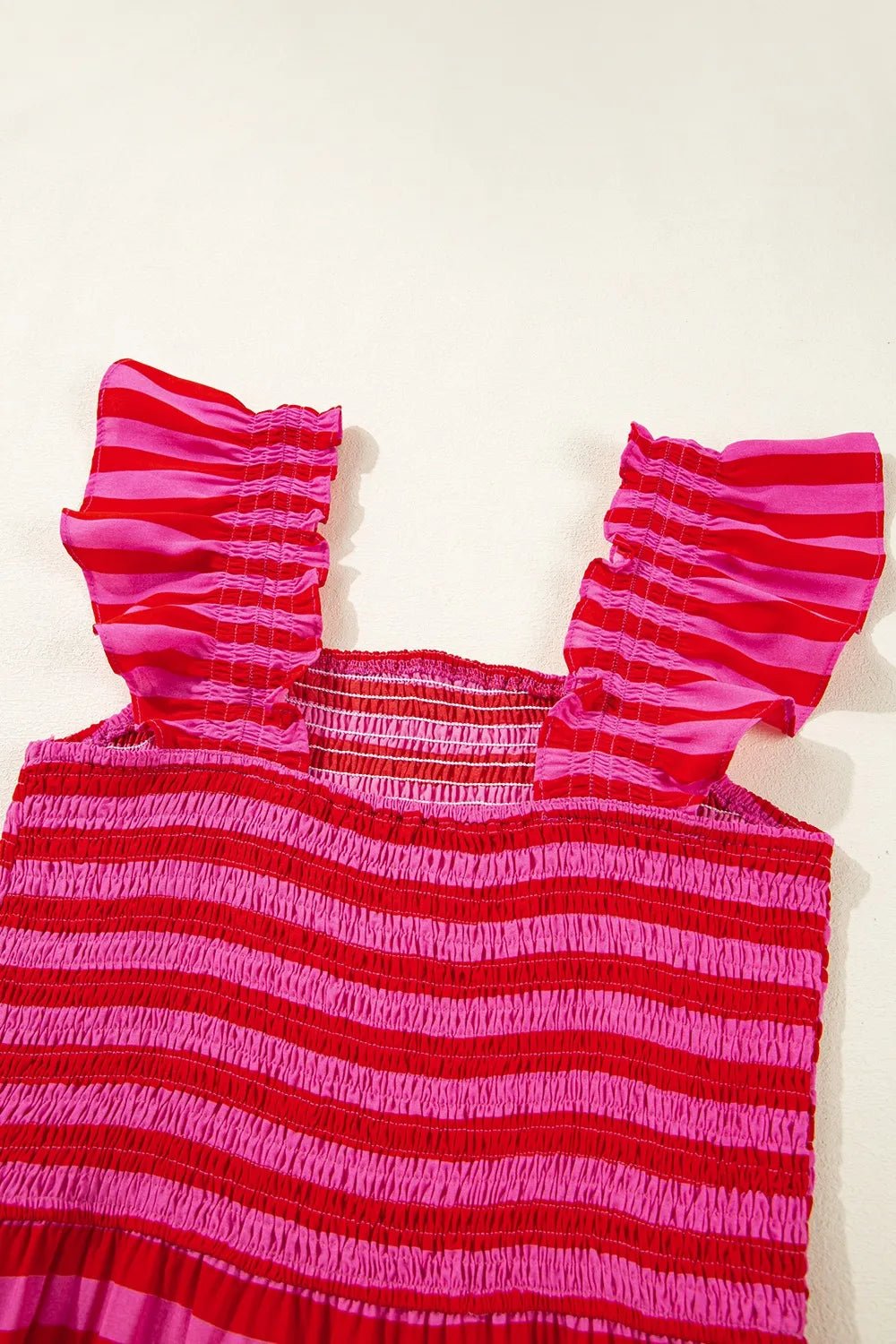 Stripe Flutter Sleeve Smocked Bodice Tiered Maxi Dress - adritiX