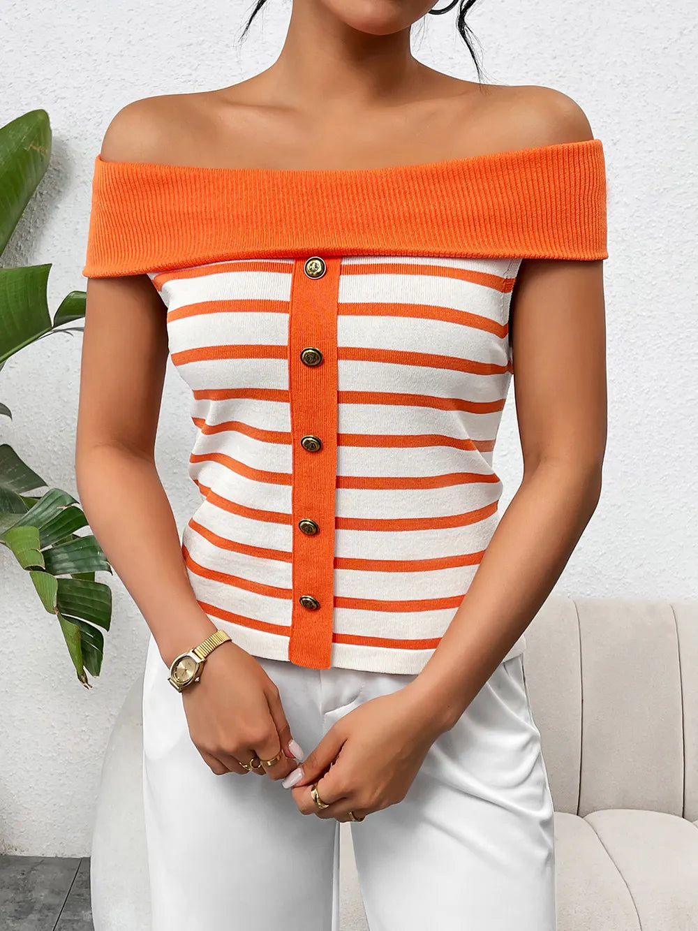 Decorative Button Striped Off-Shoulder Knit Top - adritiX