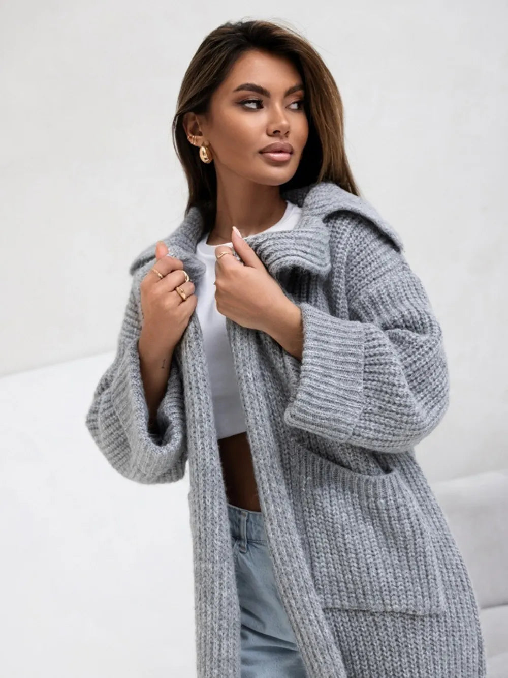 Pocketed Collared Neck Dropped Shoulder Cardigan - adritiX