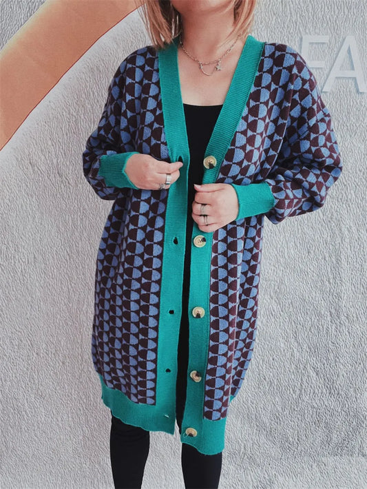 Contrast Trim Geometric Button Down Cardigan - adritiX