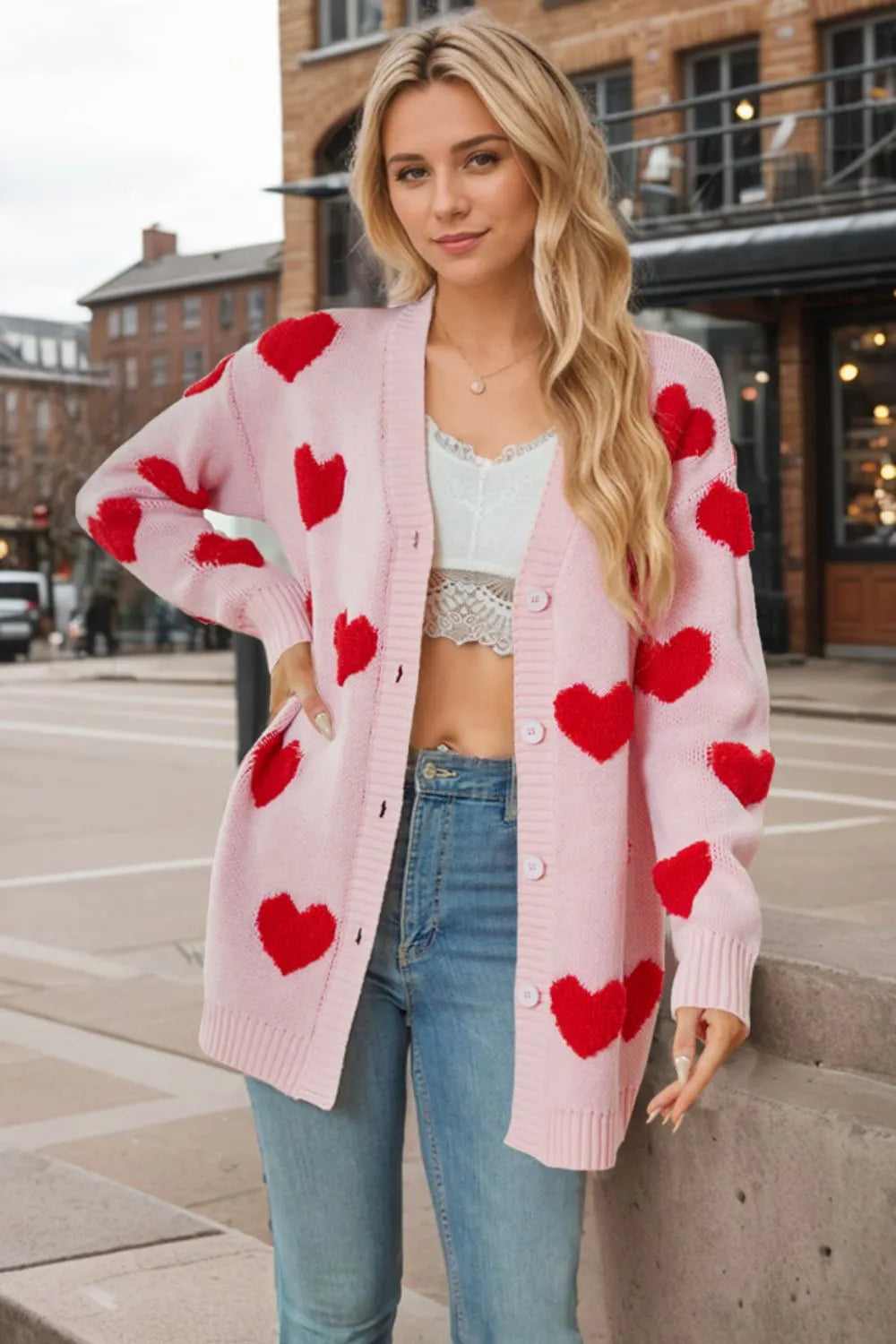 Heart Button Down Long Sleeve Cardigan - adritiX