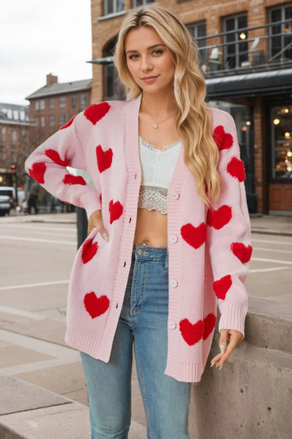 Heart Button Down Long Sleeve Cardigan - adritiX