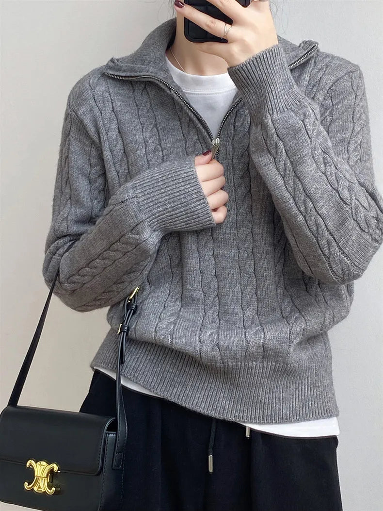 Cable-Knit Half Zip Long Sleeve Sweater - adritiX