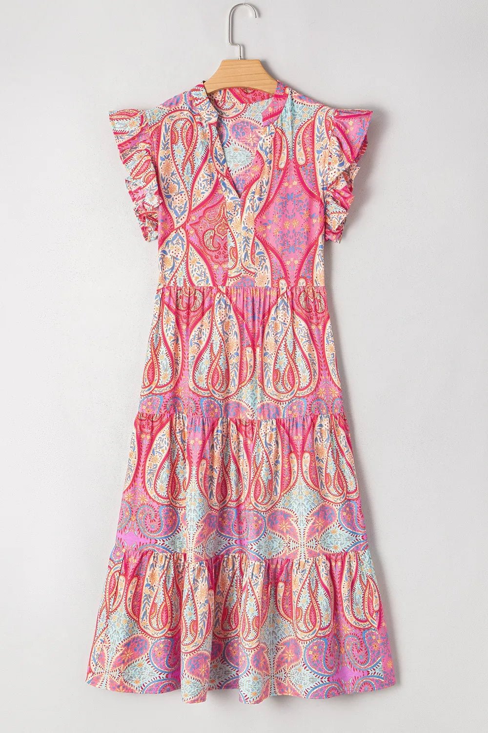 Tribal Paisley Print Ruffled Sleeve Notch Neck Midi Dress - adritiX