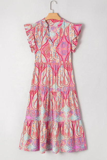Tribal Paisley Print Ruffled Sleeve Notch Neck Midi Dress - adritiX