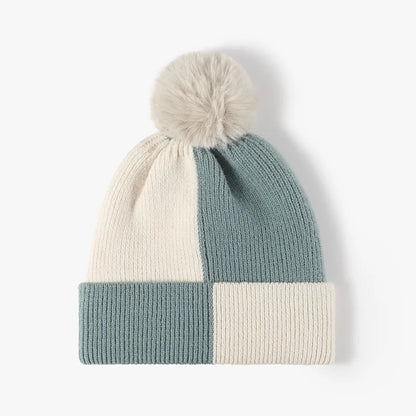 Color Block Knit Hat with Pom-pom - adritiX