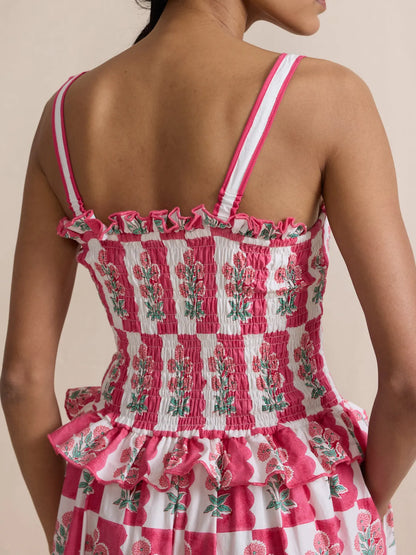 Smocked Ruffled Square Neck Maxi Dress - adritiX