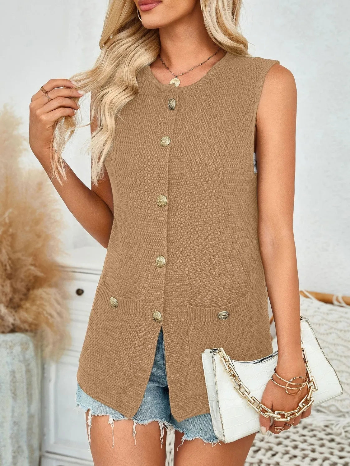 Button Down Round Neck Knit Vest - adritiX