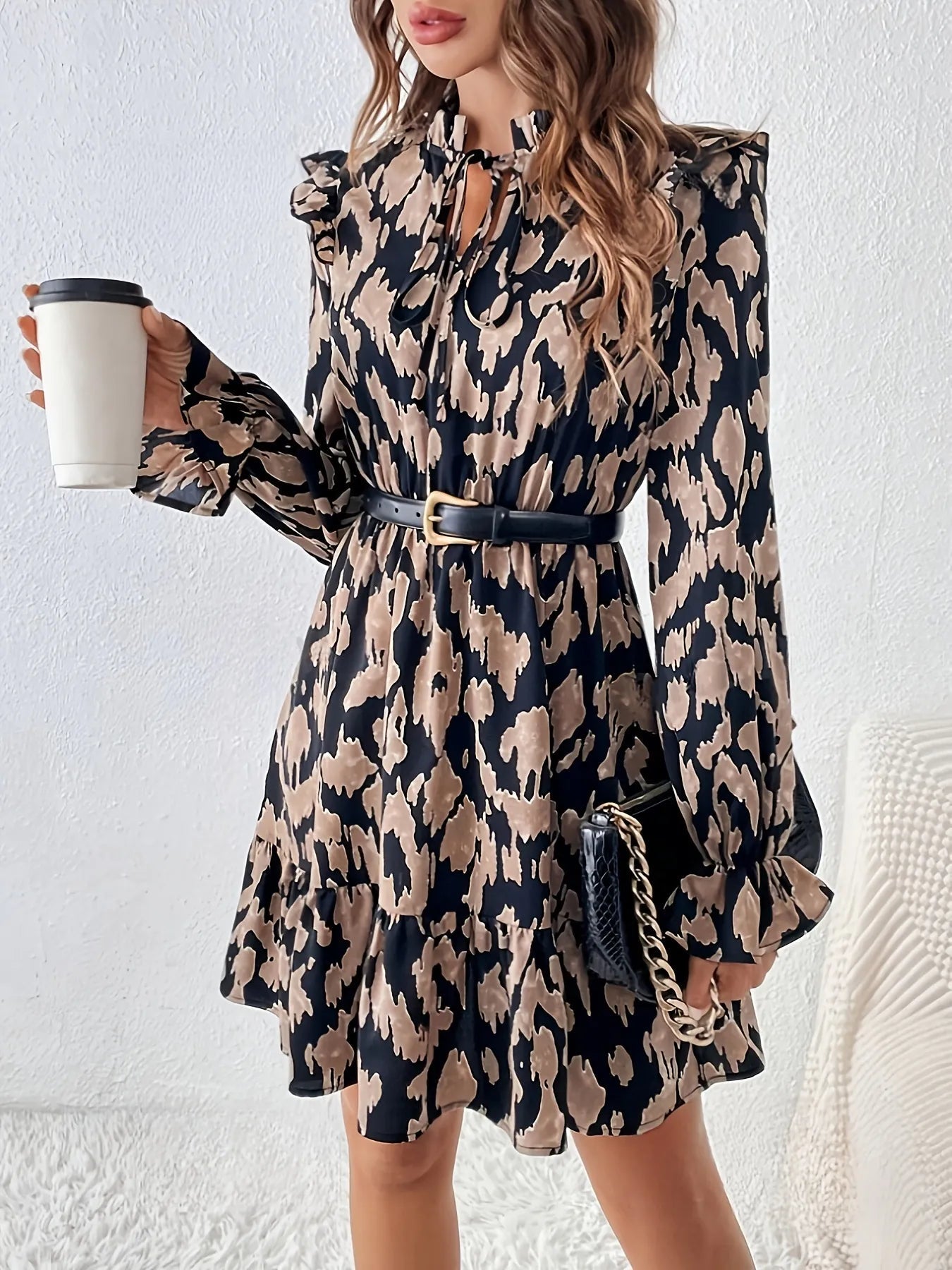 Tie Neck Flounce Sleeve Dress - adritiX