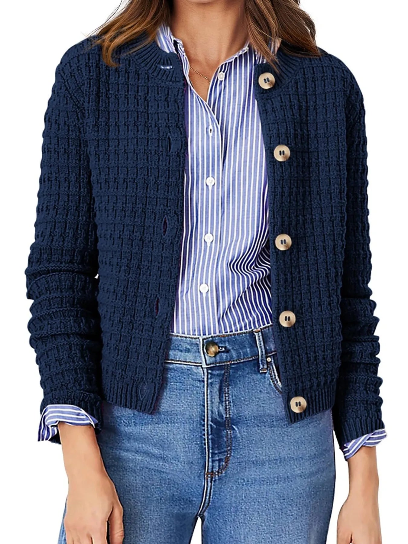 Elegant Textured Knit Button-Front Cardigan - adritiX