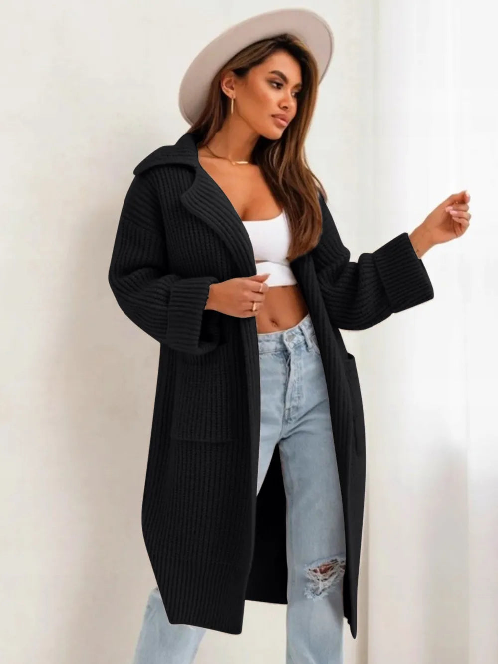 Pocketed Collared Neck Dropped Shoulder Cardigan - adritiX
