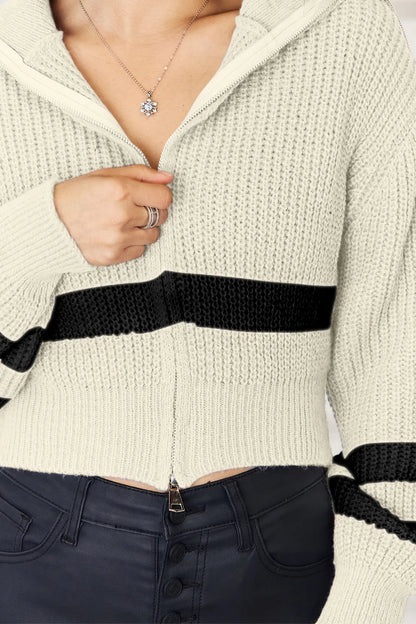 Striped Zip Up Dropped Shoulder Cardigan - adritiX