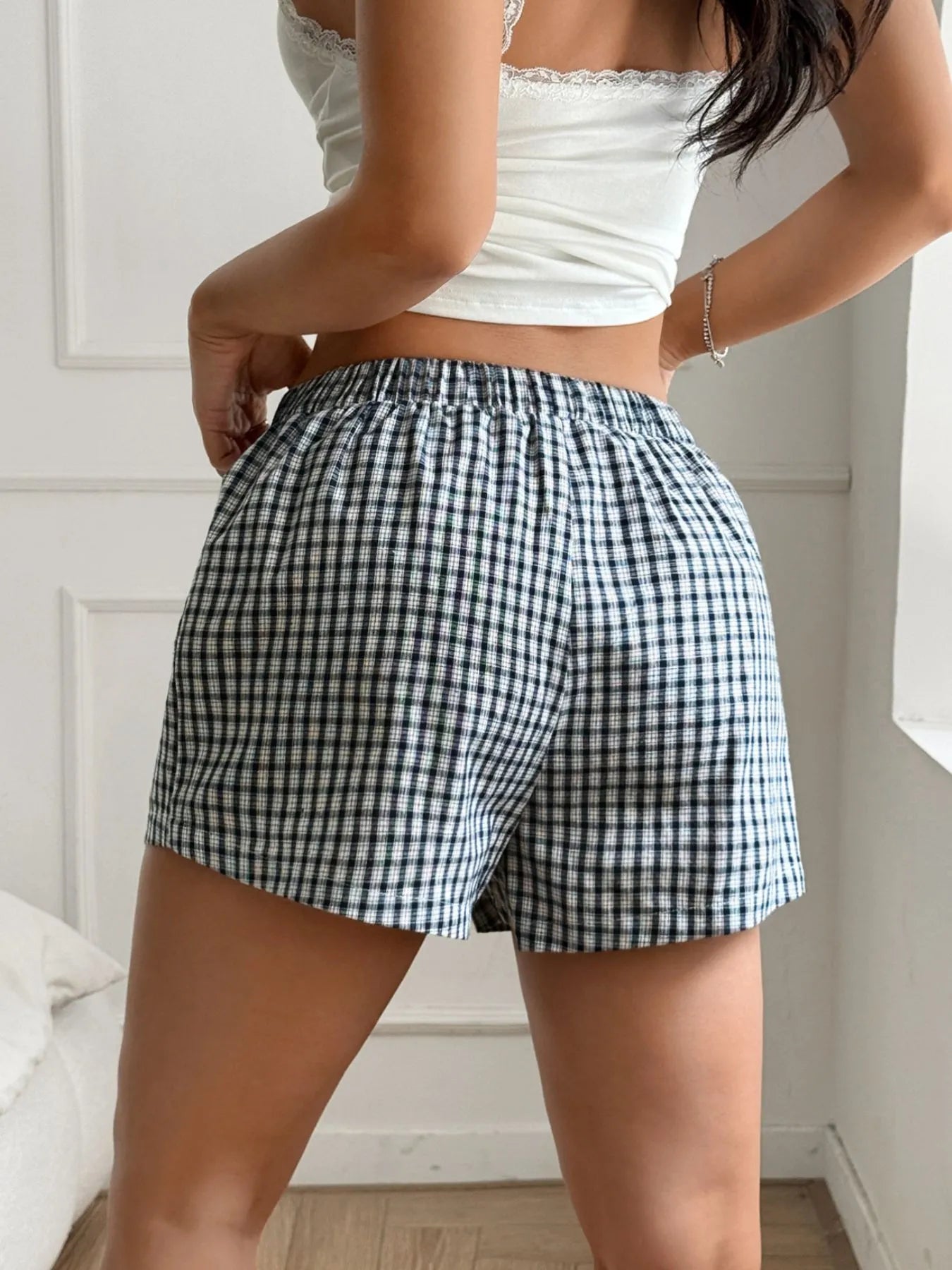 Gingham Mini Shorts with Elastic Waistband - adritiX