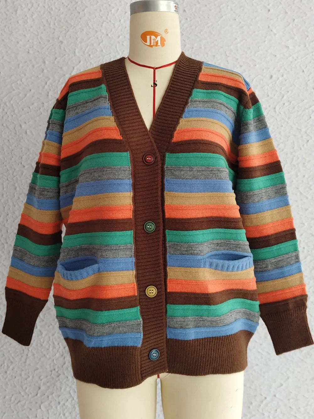 Contrast Stripes Button Up Long Sleeve Cardigan - adritiX