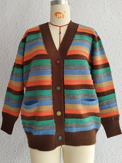 Contrast Stripes Button Up Long Sleeve Cardigan - adritiX