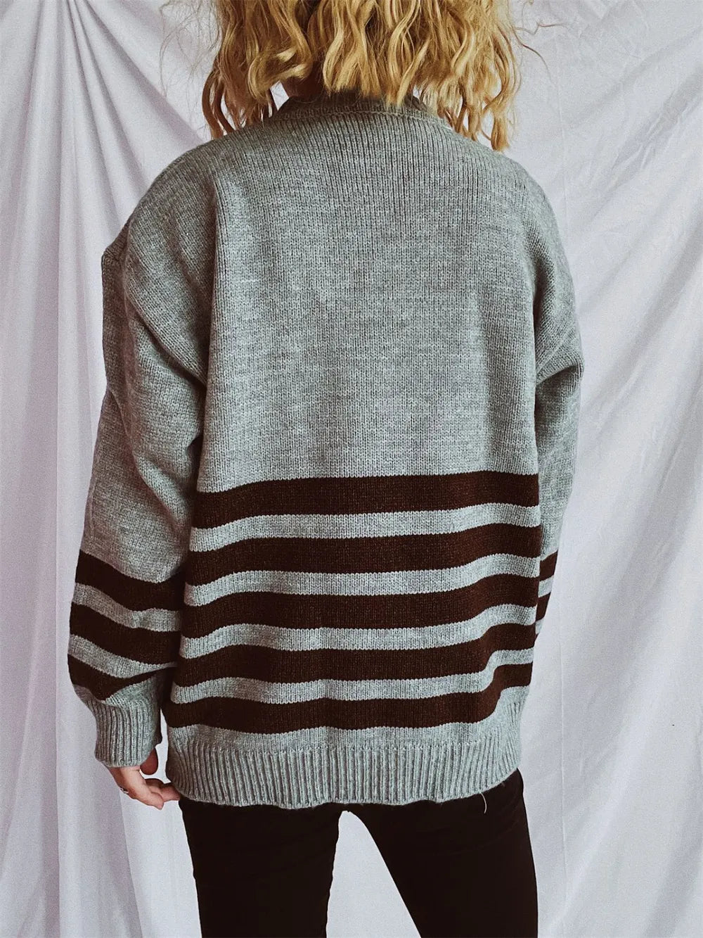 Striped Dropped Shoulder Long Sleeve Sweater - adritiX