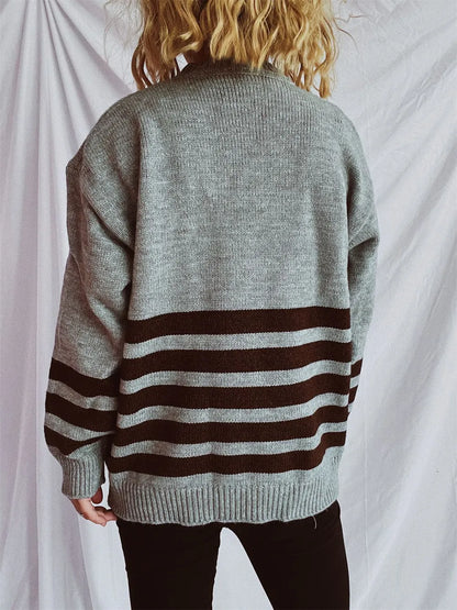 Striped Dropped Shoulder Long Sleeve Sweater - adritiX